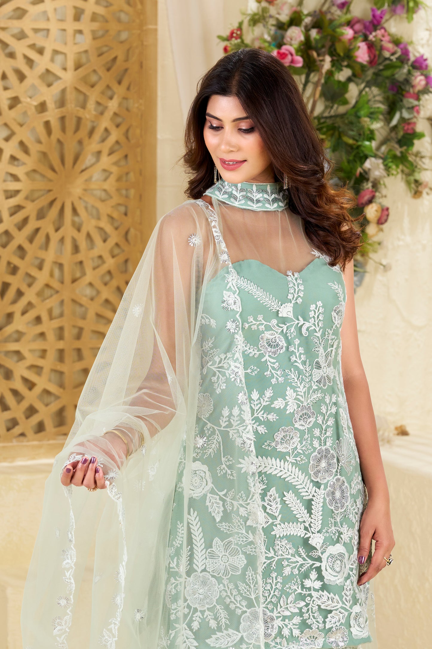Mint Green Exquisite Net Fabric White Thread Floral Work And White Cutdana