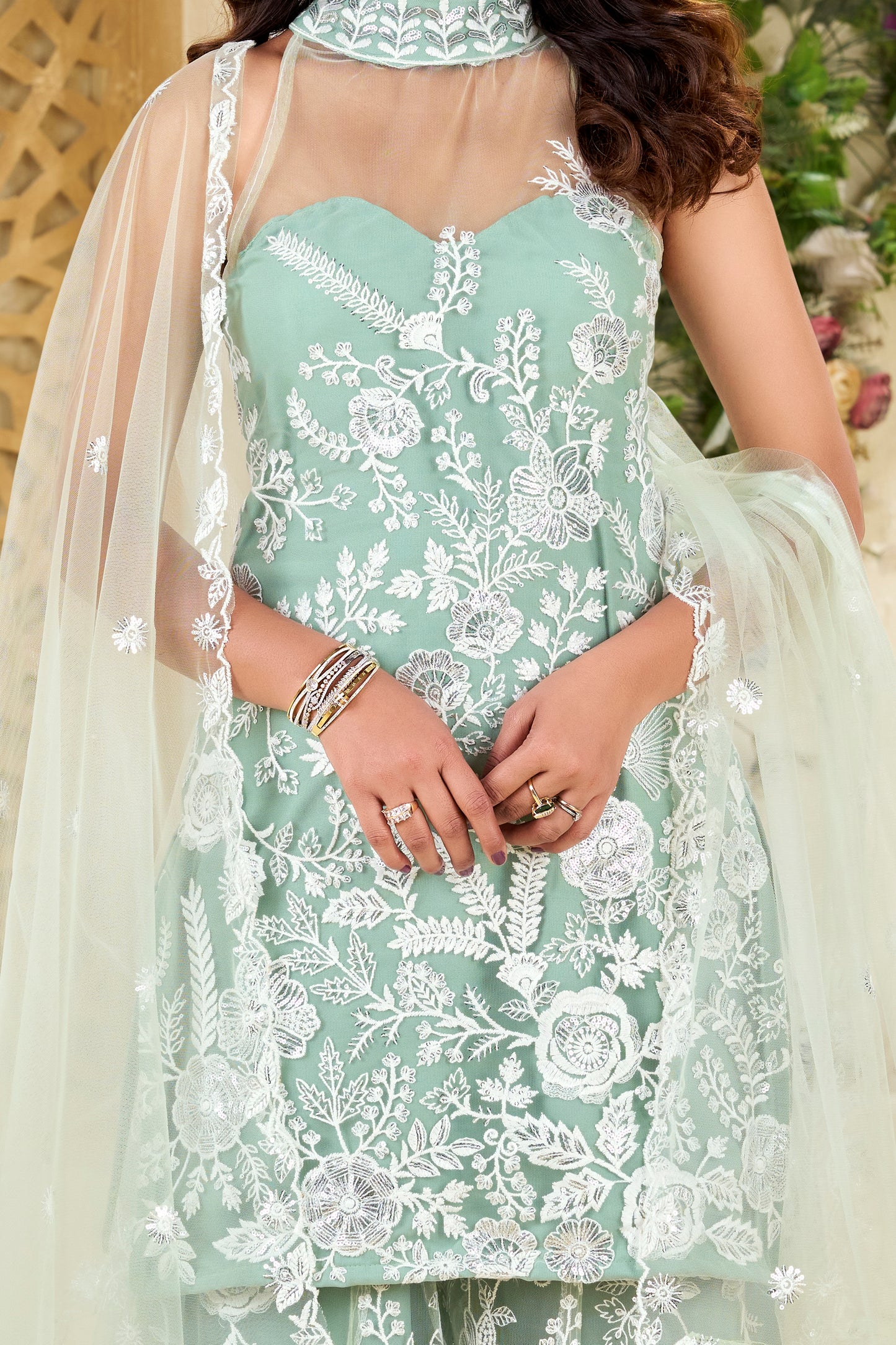 Mint Green Exquisite Net Fabric White Thread Floral Work And White Cutdana