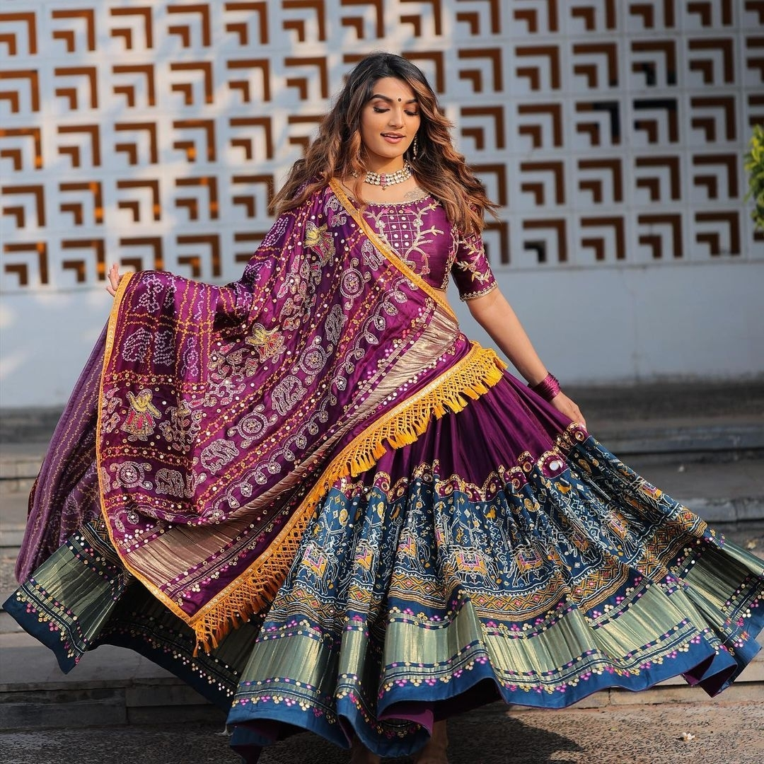 PURPLE SILK LENGHA CHOLI WITH REAL MIRROR WORK AND ATTACHED PURPLE DUPATTA SF-1223