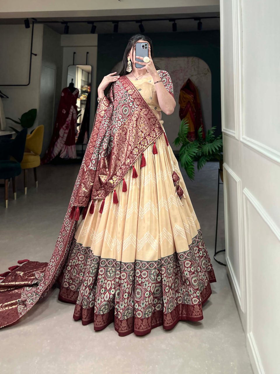 In the embrace of Tusser silk, adorned with Ajarakh prints, the lehenga choli becomes not just a garment, but a reflection of tradition, grace, and beauty💙 KNK-1475