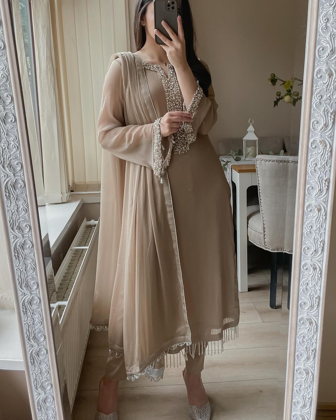 Fancy Faux Georgette Real Moti Hand Work Top And Pent With Dupatta Set