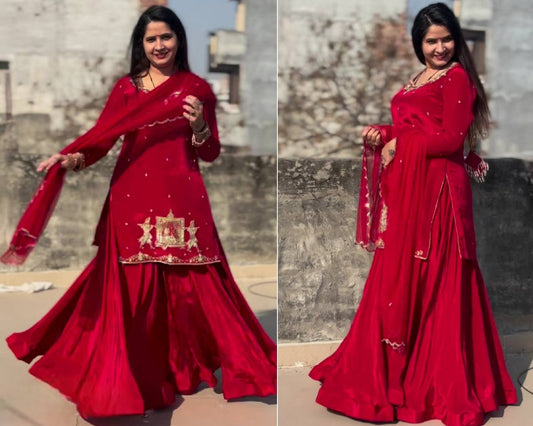 Myra Classic Twirl Look Red Embroidered Bids Hand Work Set