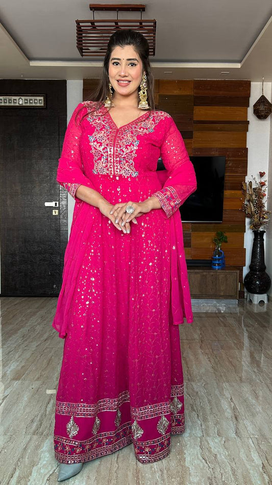 Rosy A Celebration Ready Pink Golden Leaf Borders Anarkali Gown