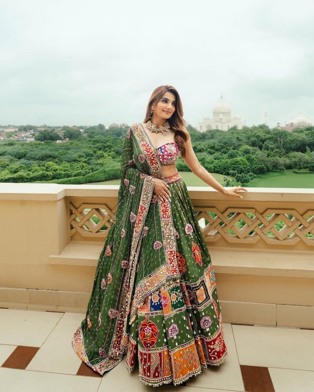 A Royal Look Multicolor Patchwork Dream on Olive Drapes Lehengha Choli