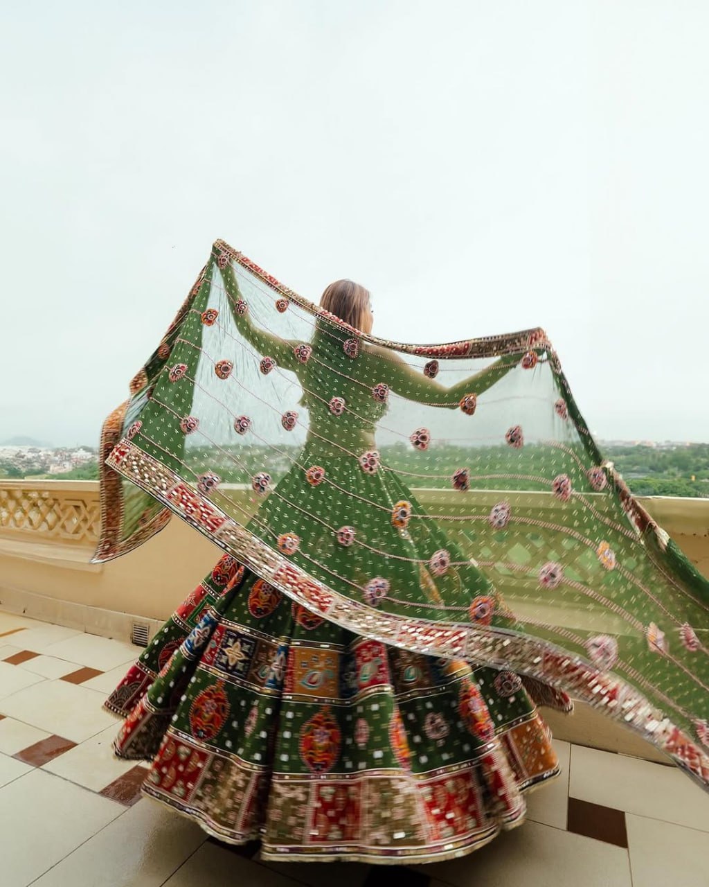 A Royal Look Multicolor Patchwork Dream on Olive Drapes Lehengha Choli