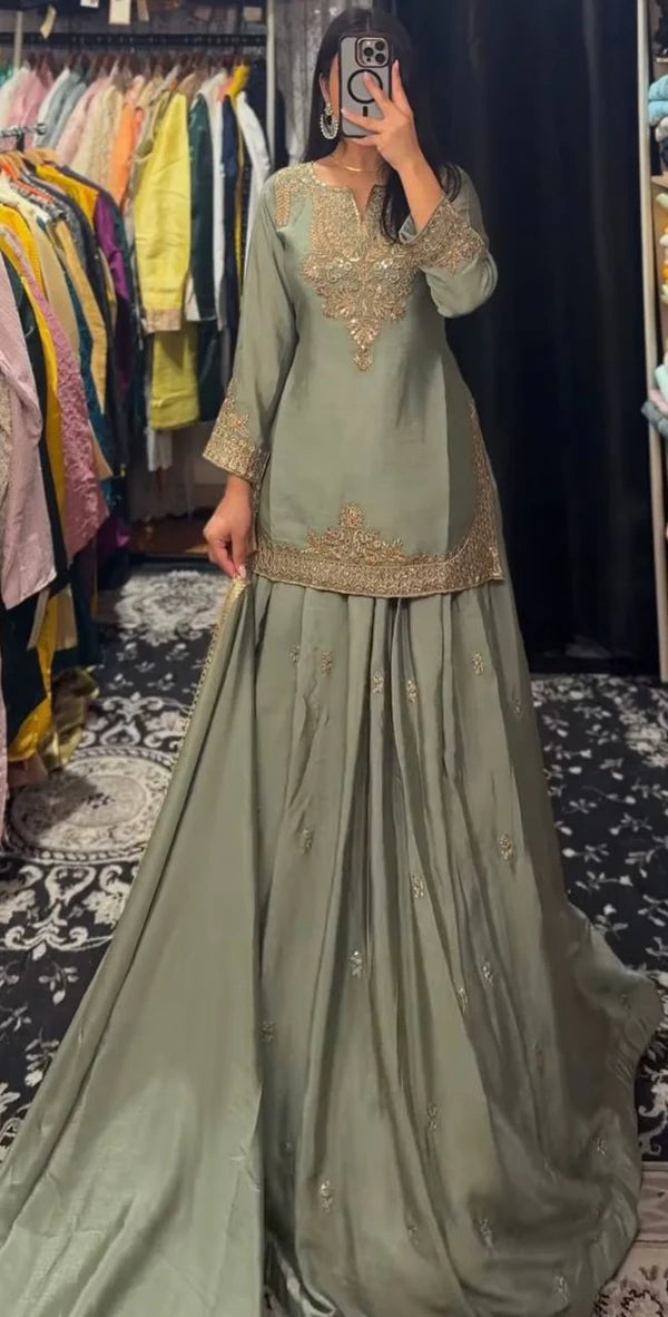 Festive Flame Green Ensemble with Antique Gold Embroidery Lehenga