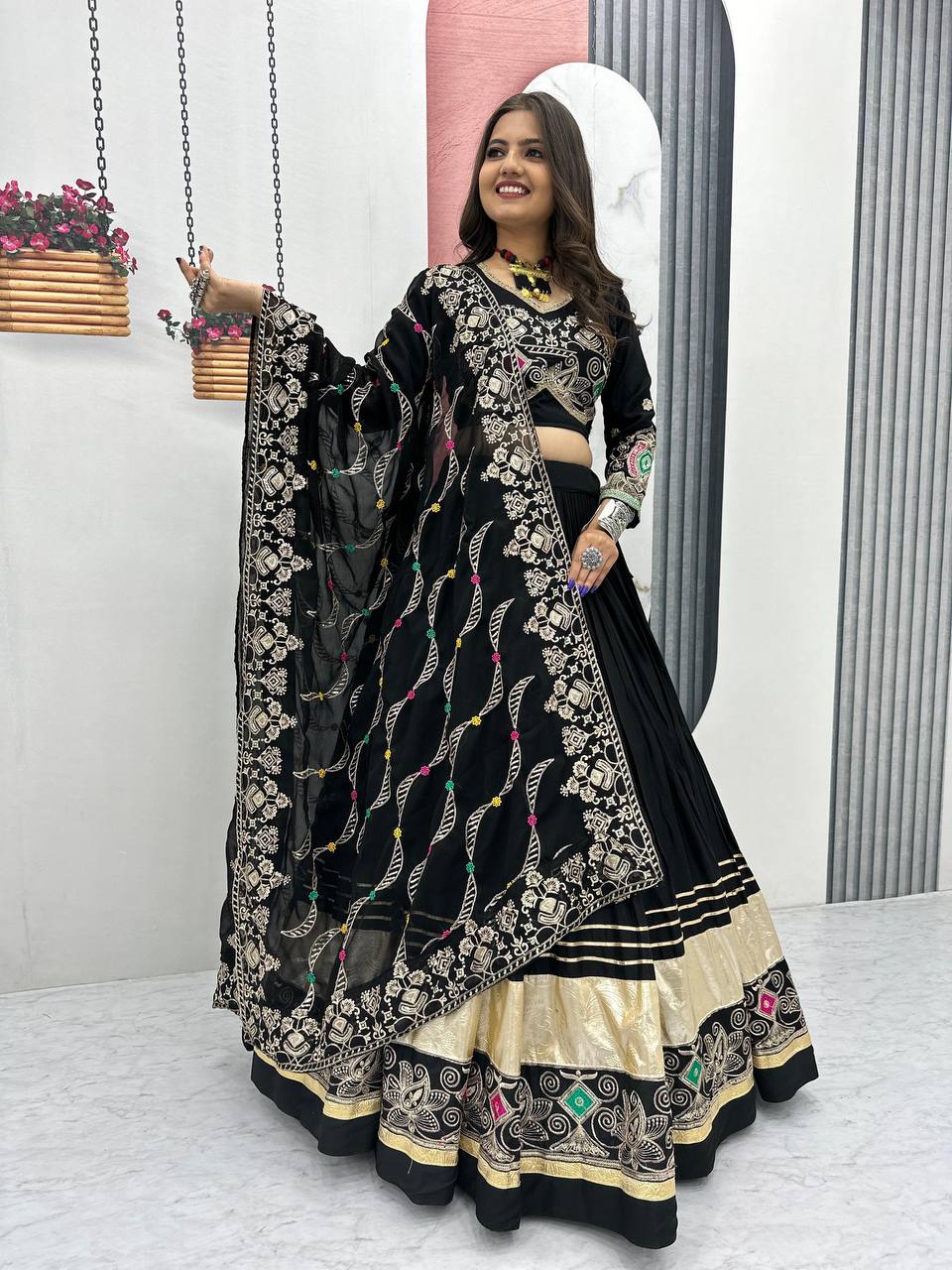 The Festival Muse Jewel Tones with Hand Embroidered Borders Navratri Lehenga Choli