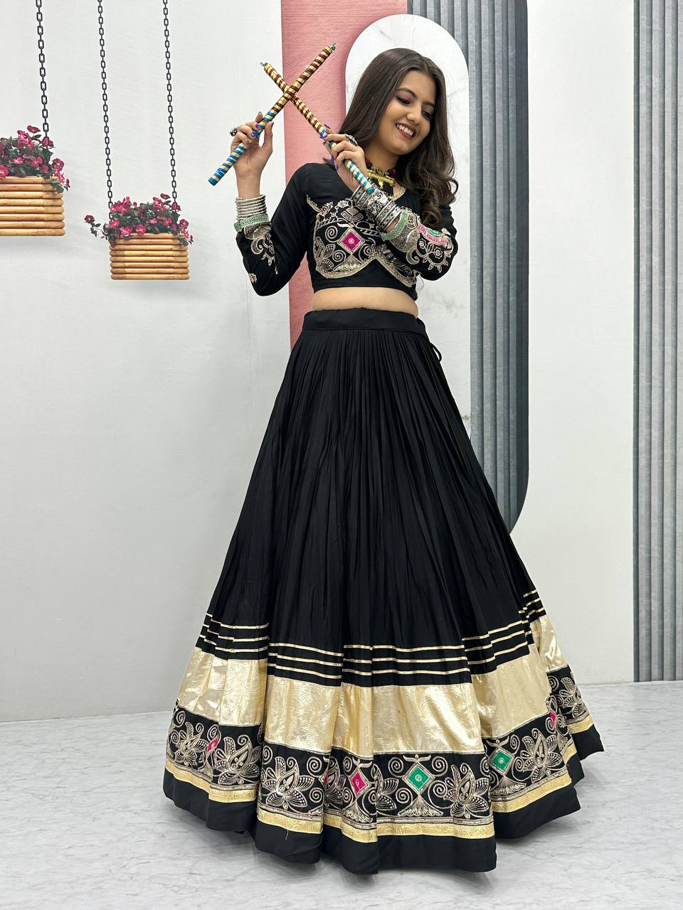 The Festival Muse Jewel Tones with Hand Embroidered Borders Navratri Lehenga Choli
