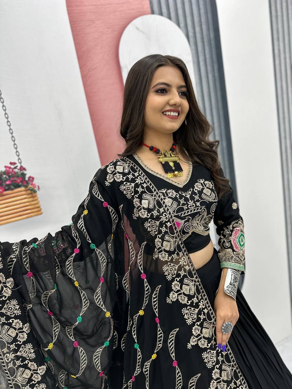 The Festival Muse Jewel Tones with Hand Embroidered Borders Navratri Lehenga Choli