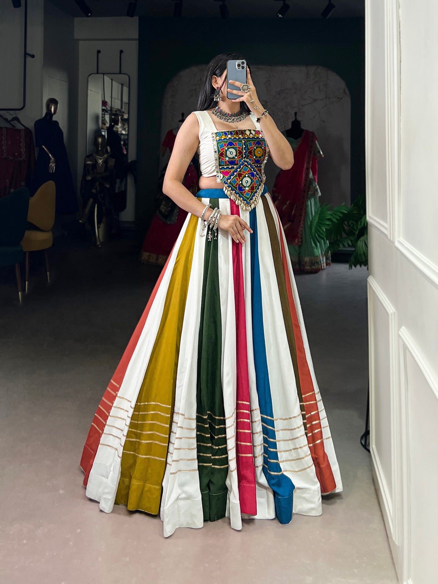 Navratri Bloom Multicolor Kutchi Work Rayon Lehenga