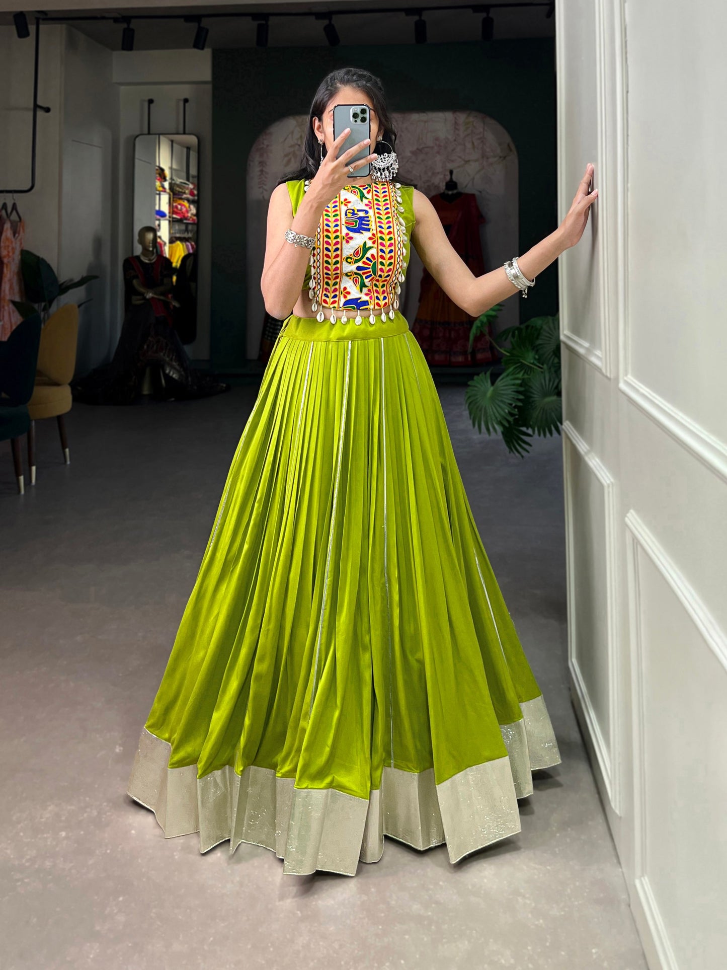 Majestic Charm Twirl Ready Navratri Mirror Work Lehenga