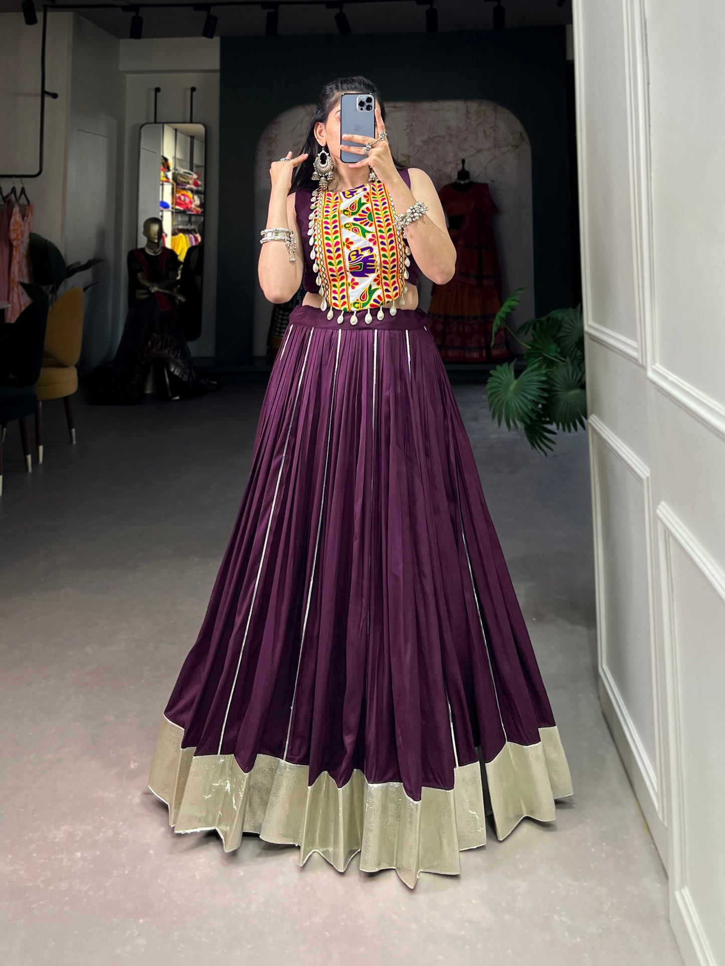 Majestic Charm Twirl Ready Navratri Mirror Work Lehenga