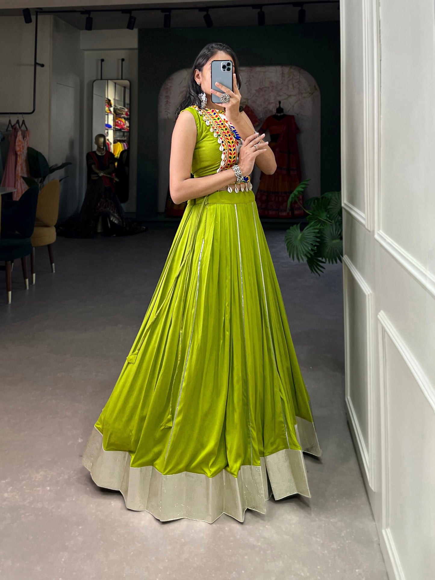 Majestic Charm Twirl Ready Navratri Mirror Work Lehenga
