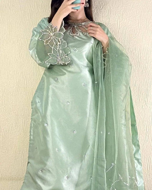 Rayaan A Mint Green Dream Beauty Designer Wear Beads Work Kurti Pant Set