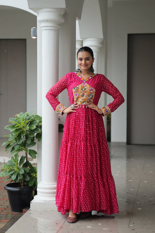 Kaleidoscope Charm: Traditional Bandhani Print Mirror Embroidery Gown