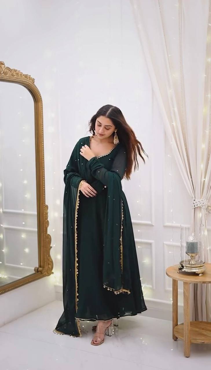 Emerald Elegance Designner Handwork Anarkali Suit