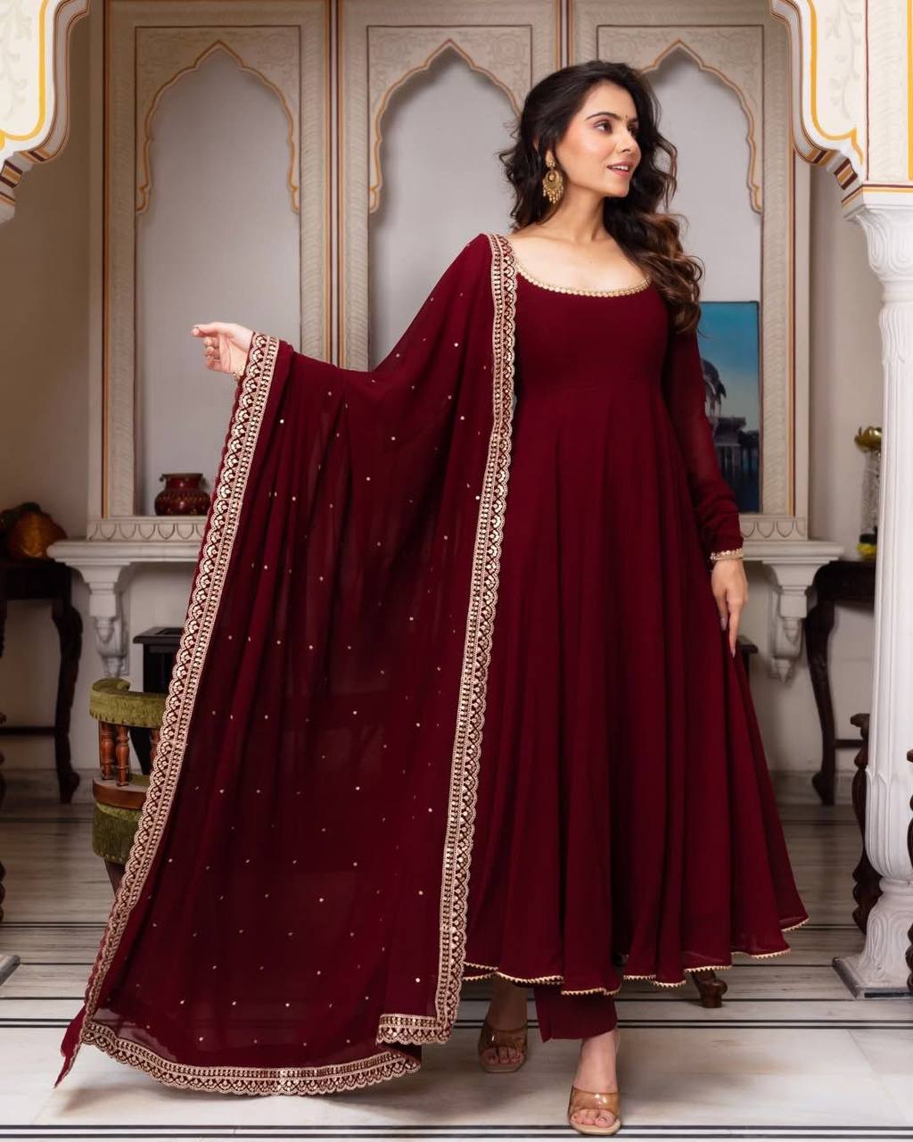 Maroon Designner Anarkali Kurta Set Timeless Grace