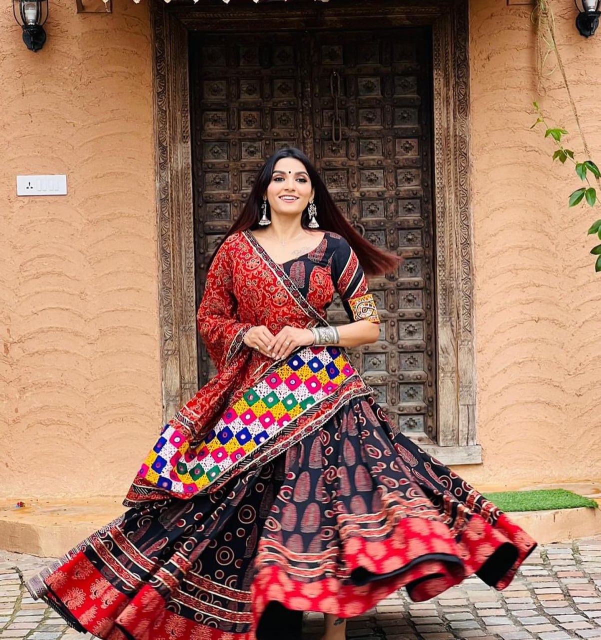 Royal Rajasthani Red & Black Mirrorwork Bandhani Drape Lehenga Choli