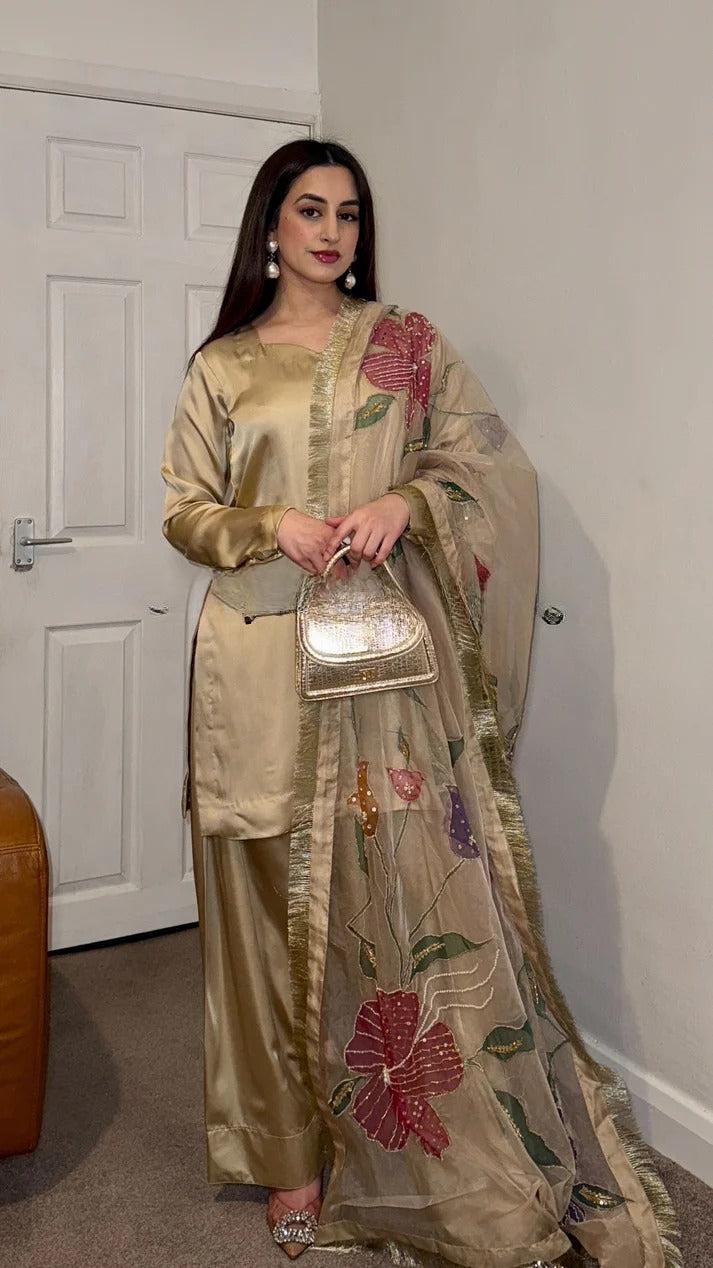 Nura Gold Designer Party Wear Look top with farshi plazzo Suit