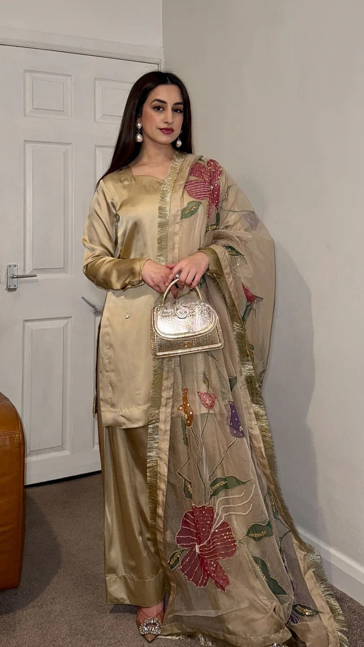 Nura Gold Designer Party Wear Look top with farshi plazzo Suit