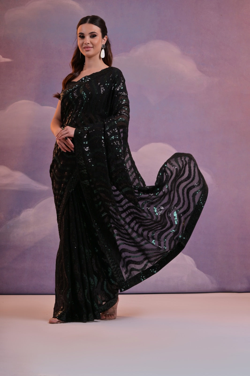 Black Color Soft Georgette Sequins Saree