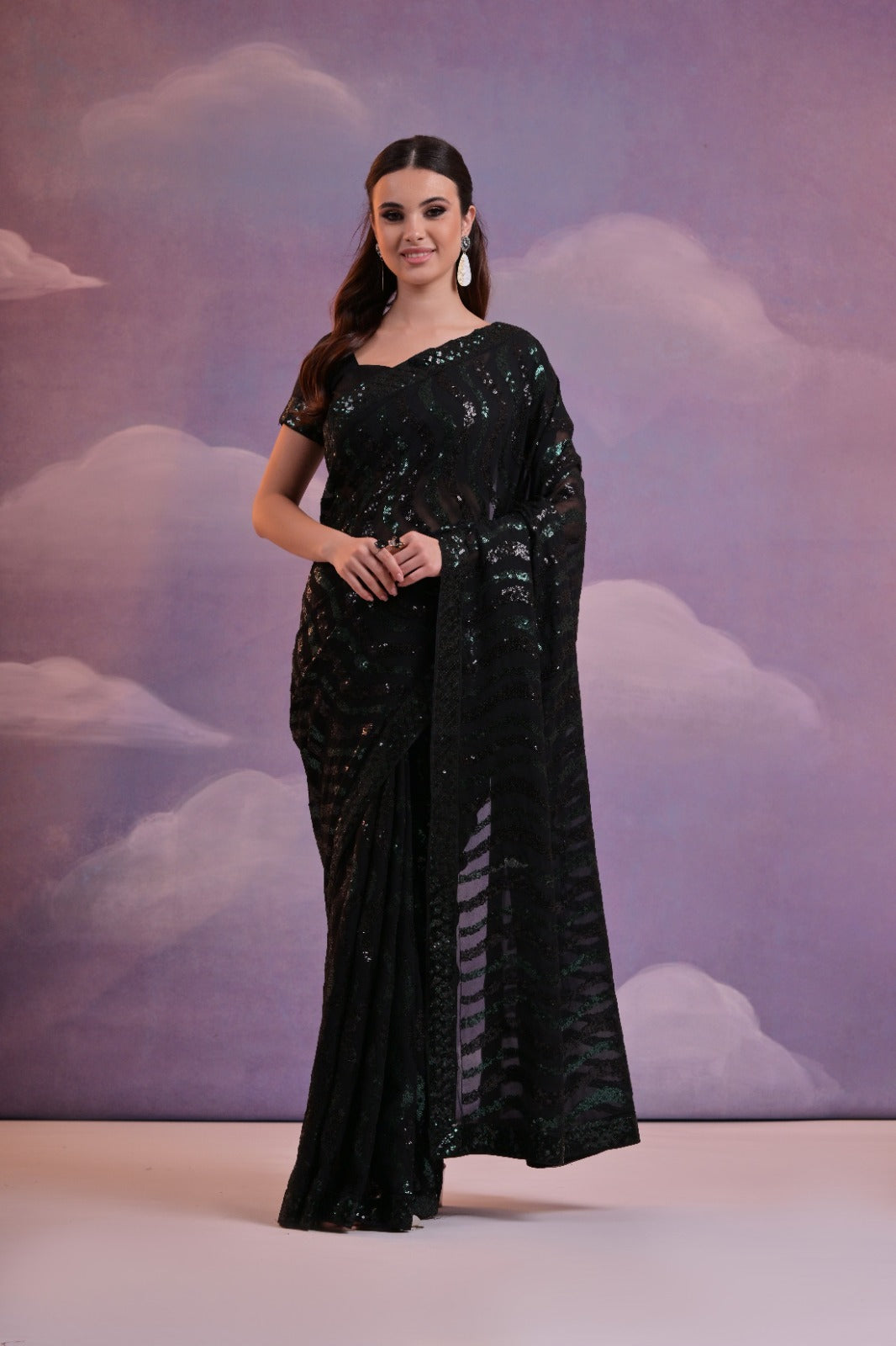 Black Color Soft Georgette Sequins Saree