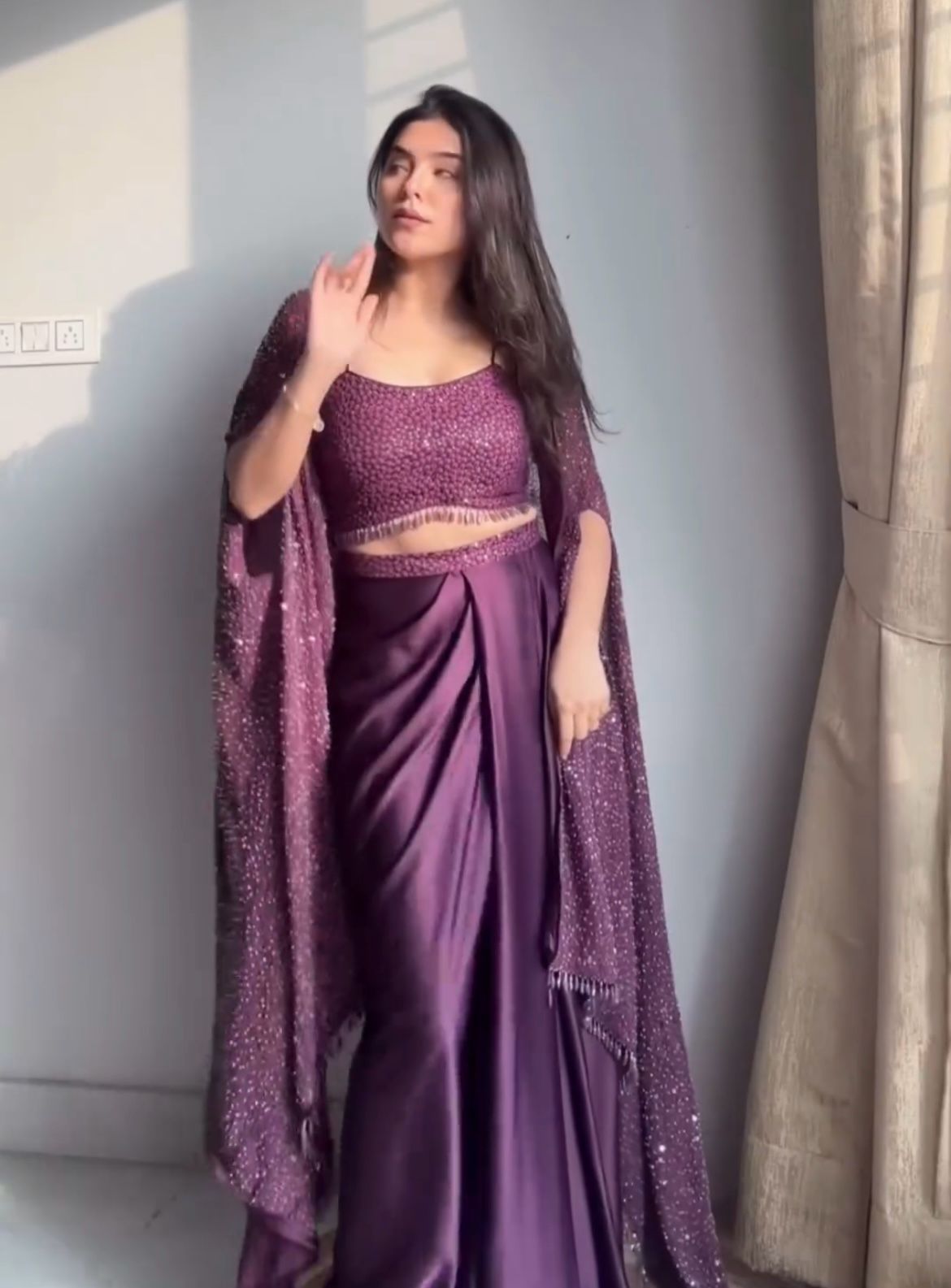 Purple Color Western Style Rangoli Shrug,Tube Choli with Draped Skirt