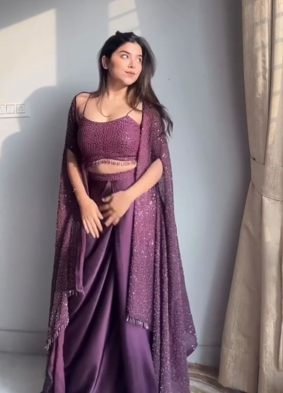 Purple Color Western Style Rangoli Shrug,Tube Choli with Draped Skirt