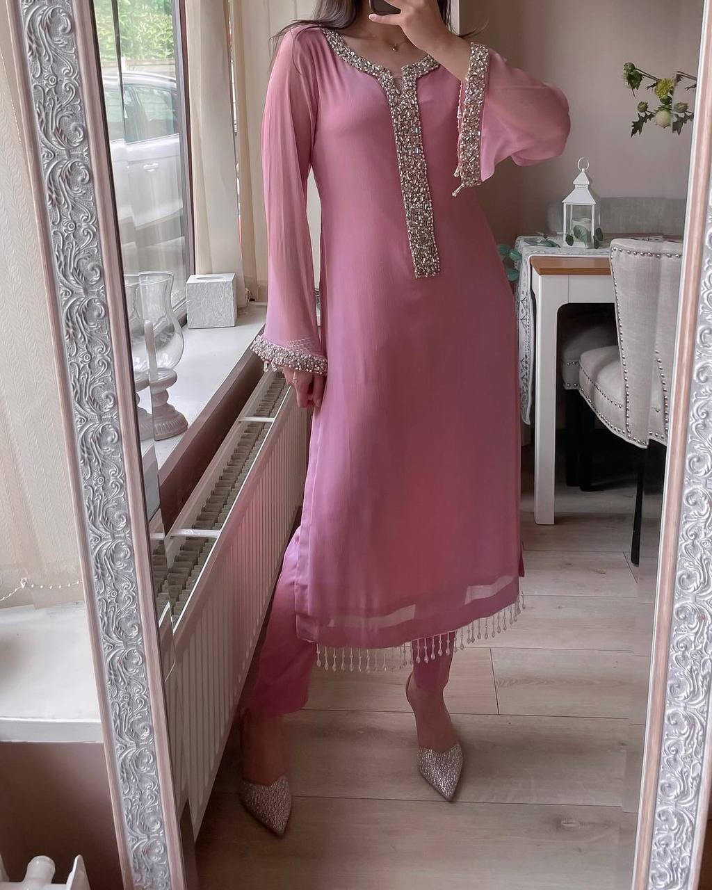Fancy Faux Georgette Real Moti Hand Work Top And Pent With Dupatta Set