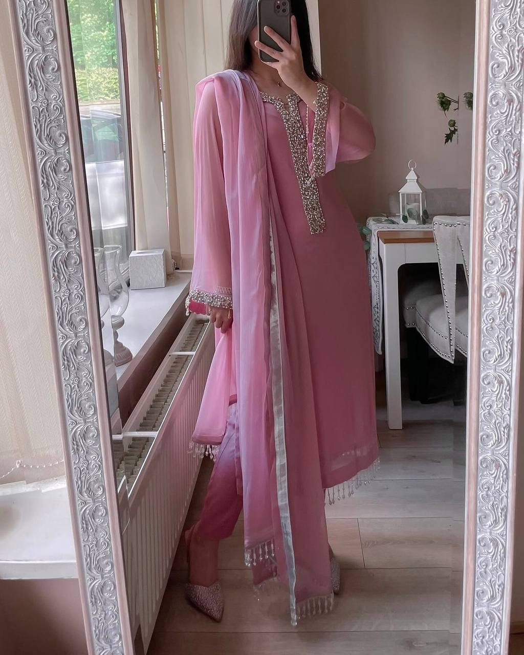 Fancy Faux Georgette Real Moti Hand Work Top And Pent With Dupatta Set