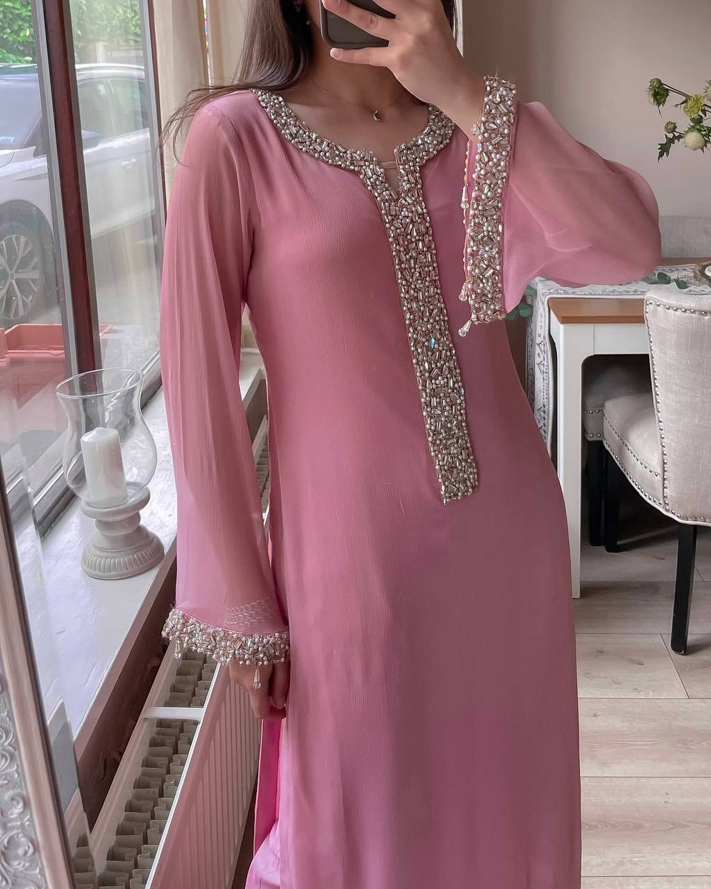 Fancy Faux Georgette Real Moti Hand Work Top And Pent With Dupatta Set