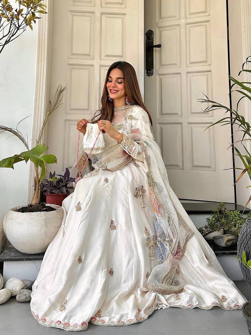 Sunehri Classic White Blooming Anarkali Suit with Embroidered Dupatta