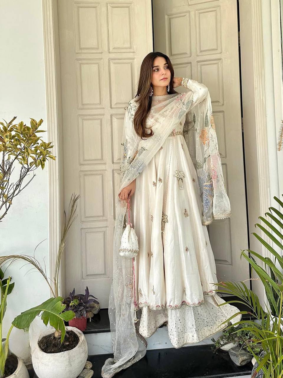 Sunehri Classic White Blooming Anarkali Suit with Embroidered Dupatta