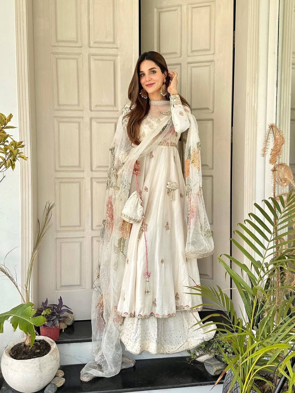 Sunehri Classic White Blooming Anarkali Suit with Embroidered Dupatta