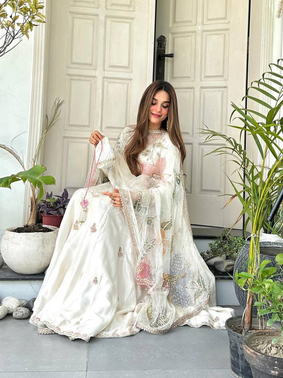 Sunehri Classic White Blooming Anarkali Suit with Embroidered Dupatta