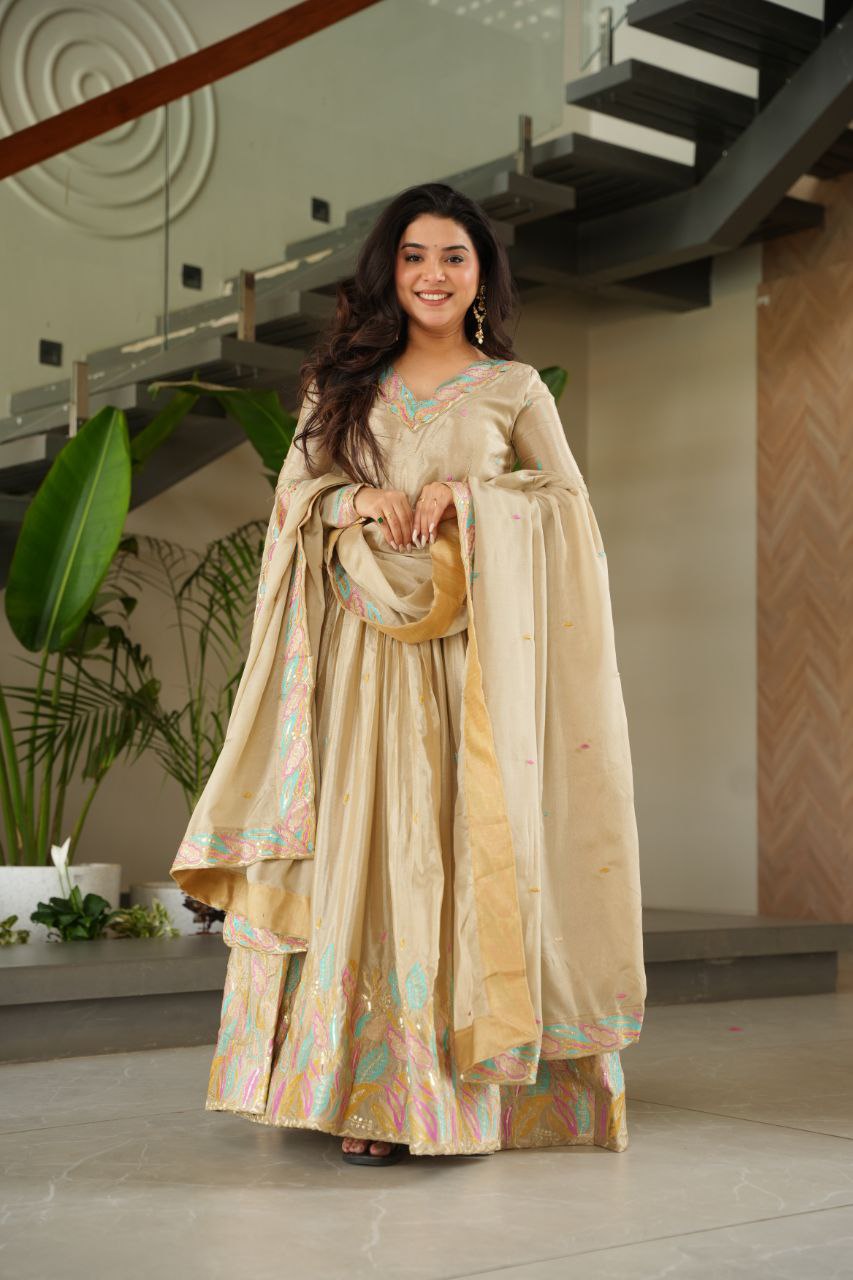 Graceful Chinnon with Sequins & Multi-Thread Embroidery Gown