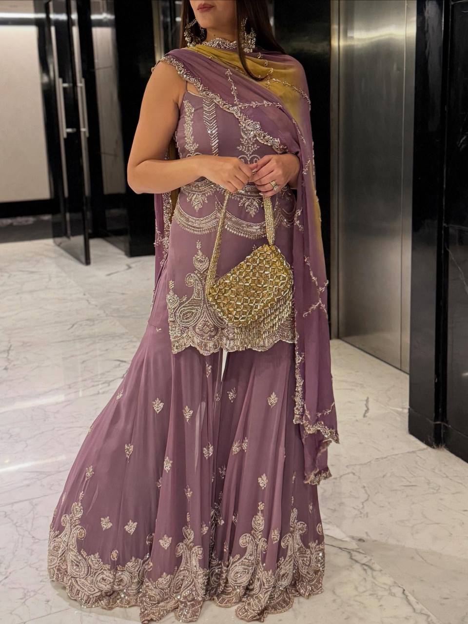 Lavender Embroidered Georgette Sharara Set