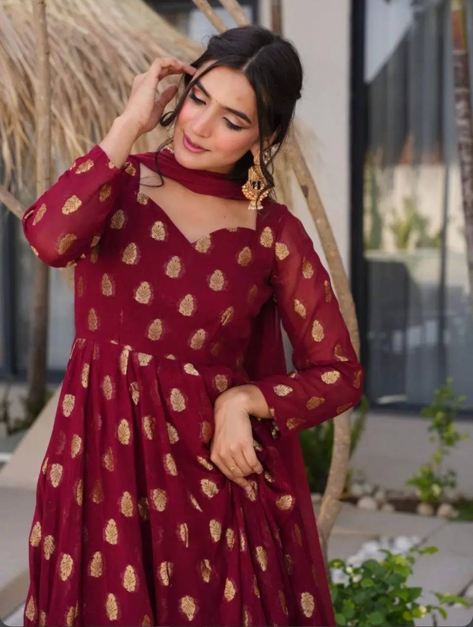 Regal Maroon Grace Golden Motif Anarkali Charm