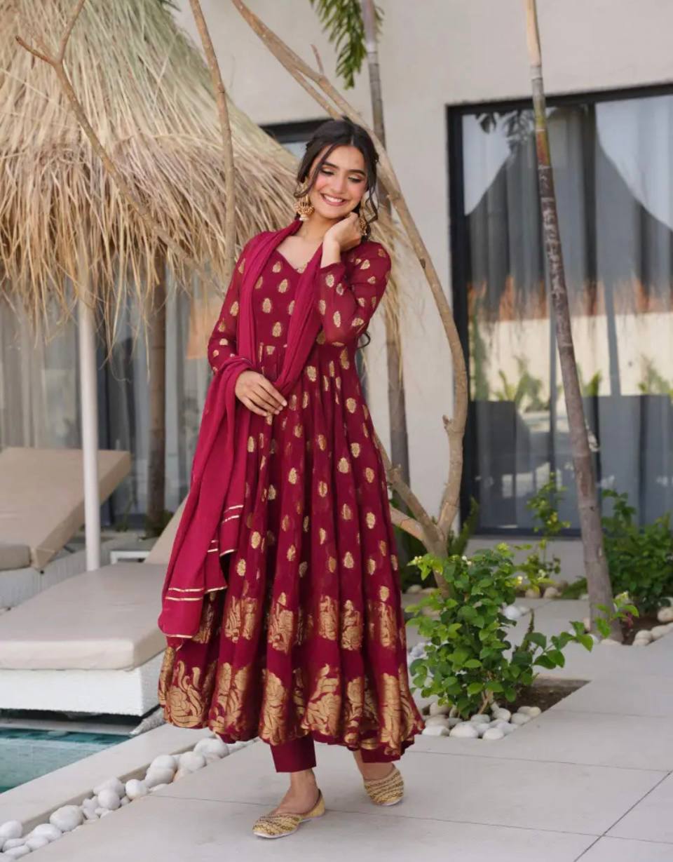 Regal Maroon Grace Golden Motif Anarkali Charm