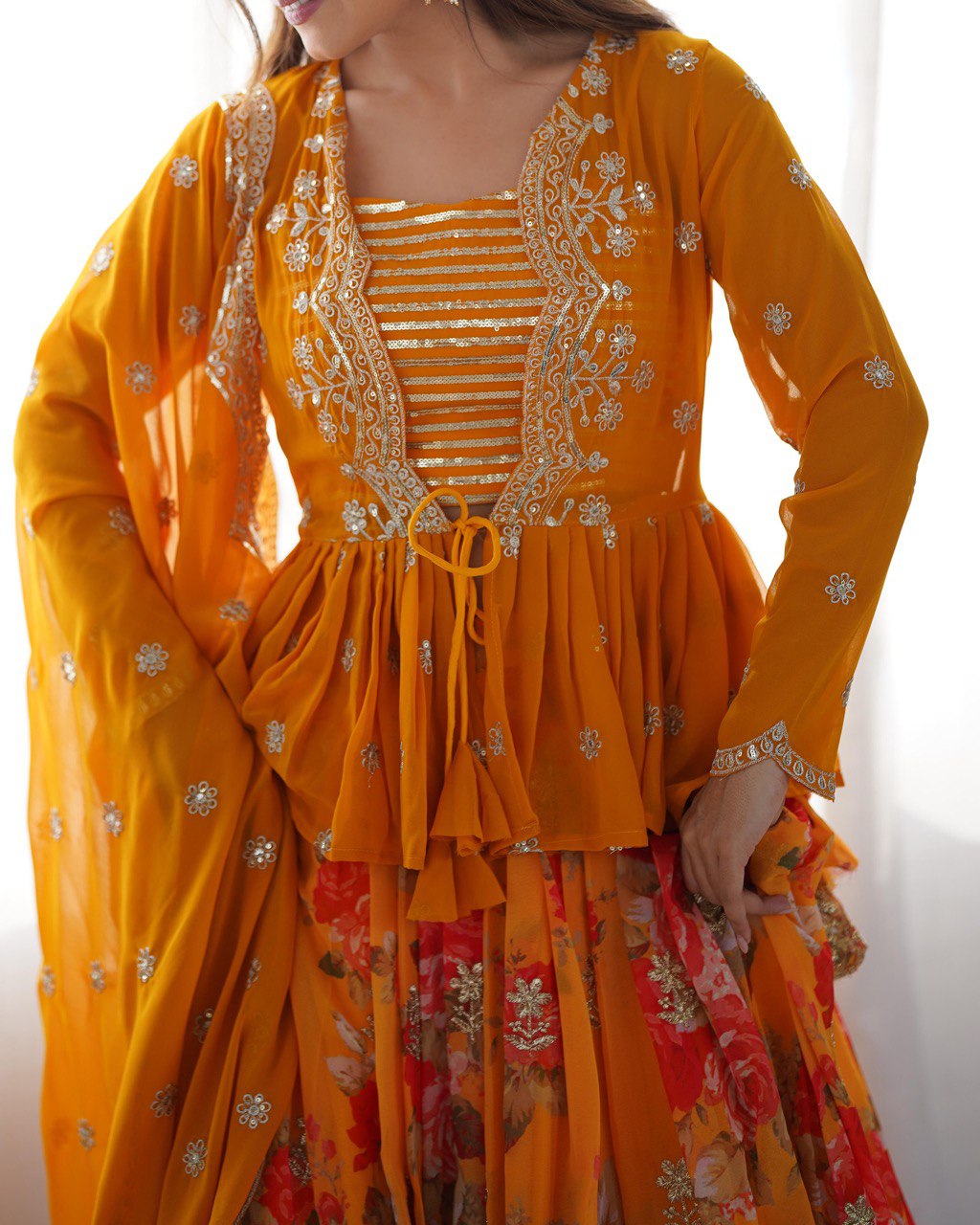 Saffron Bloom Embroidered Designer Peplum Lehenga Set