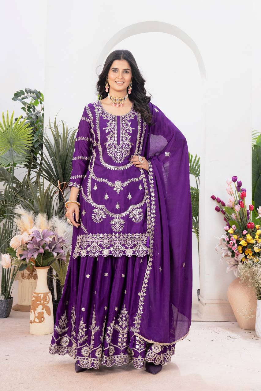 Myra Pure Heavy Chinnon Silk With Embroidery Sleeve  Sharara