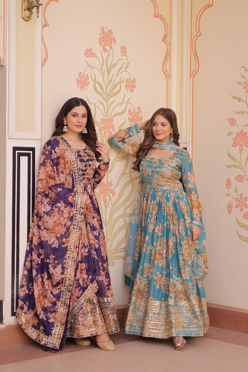 Ruhi Russian Silk Rich Digital Print With Embroidered Sequins Work Gown