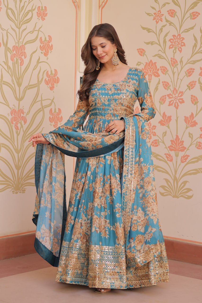 Ruhi Russian Silk Rich Digital Print With Embroidered Sequins Work Gown