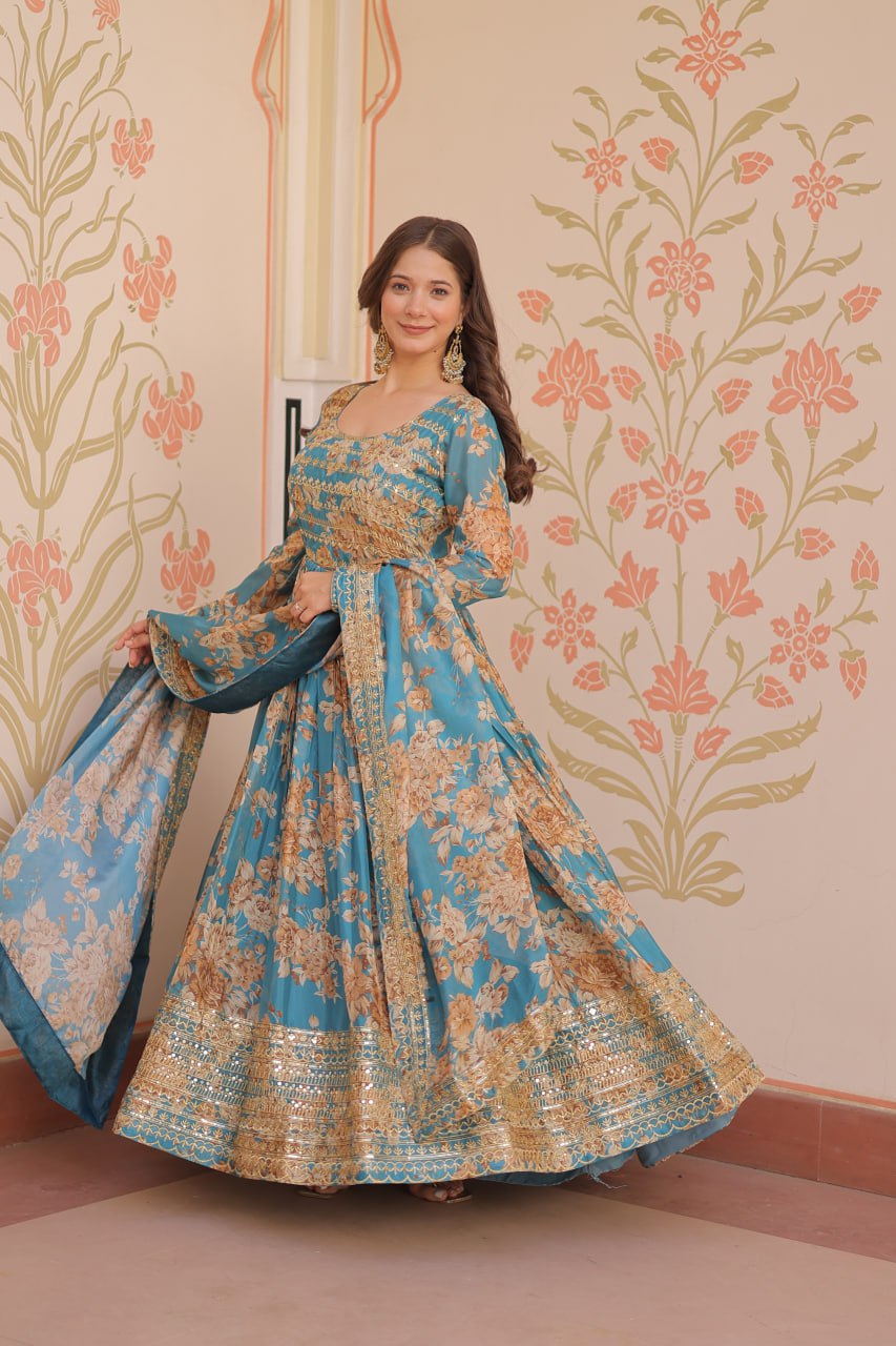 Ruhi Russian Silk Rich Digital Print With Embroidered Sequins Work Gown