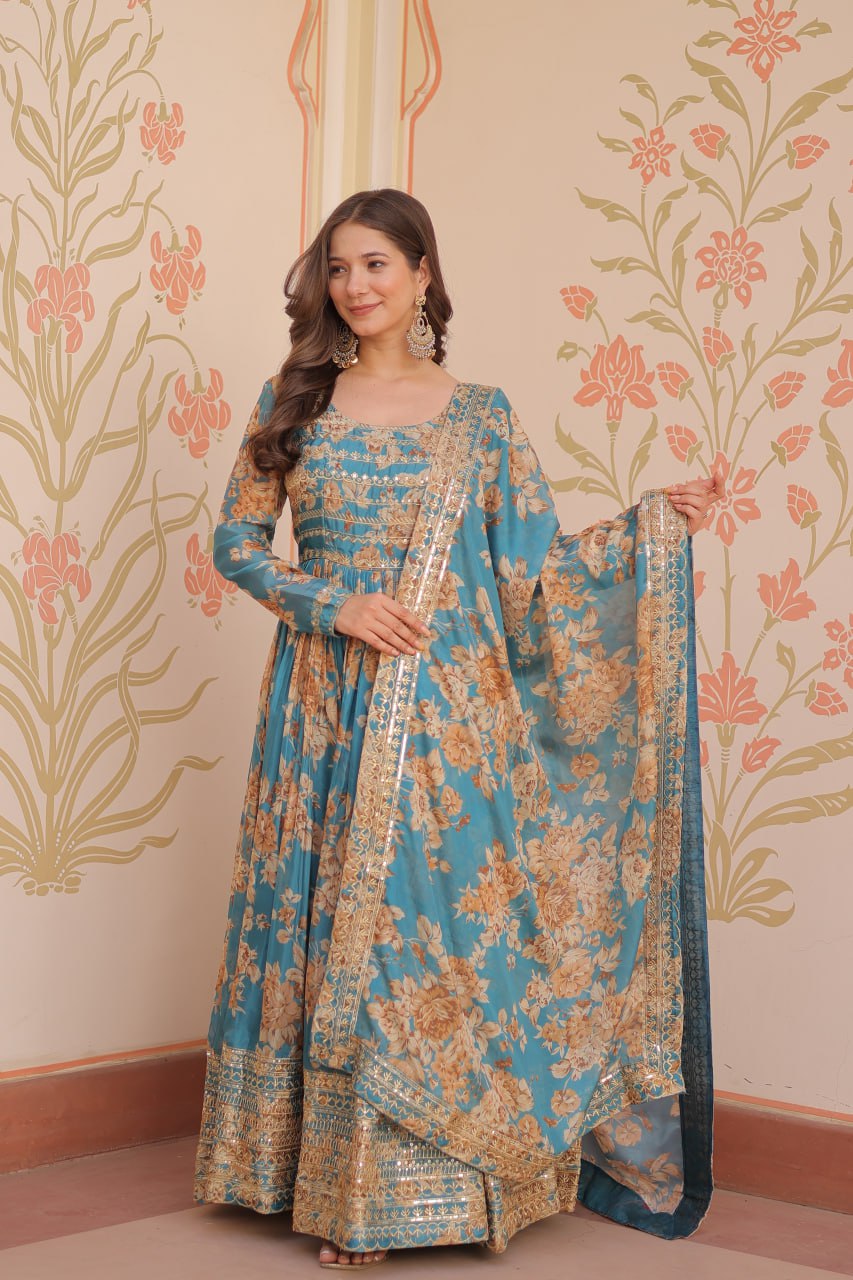 Ruhi Russian Silk Rich Digital Print With Embroidered Sequins Work Gown