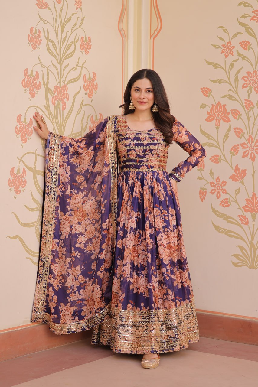 Ruhi Russian Silk Rich Digital Print With Embroidered Sequins Work Gown