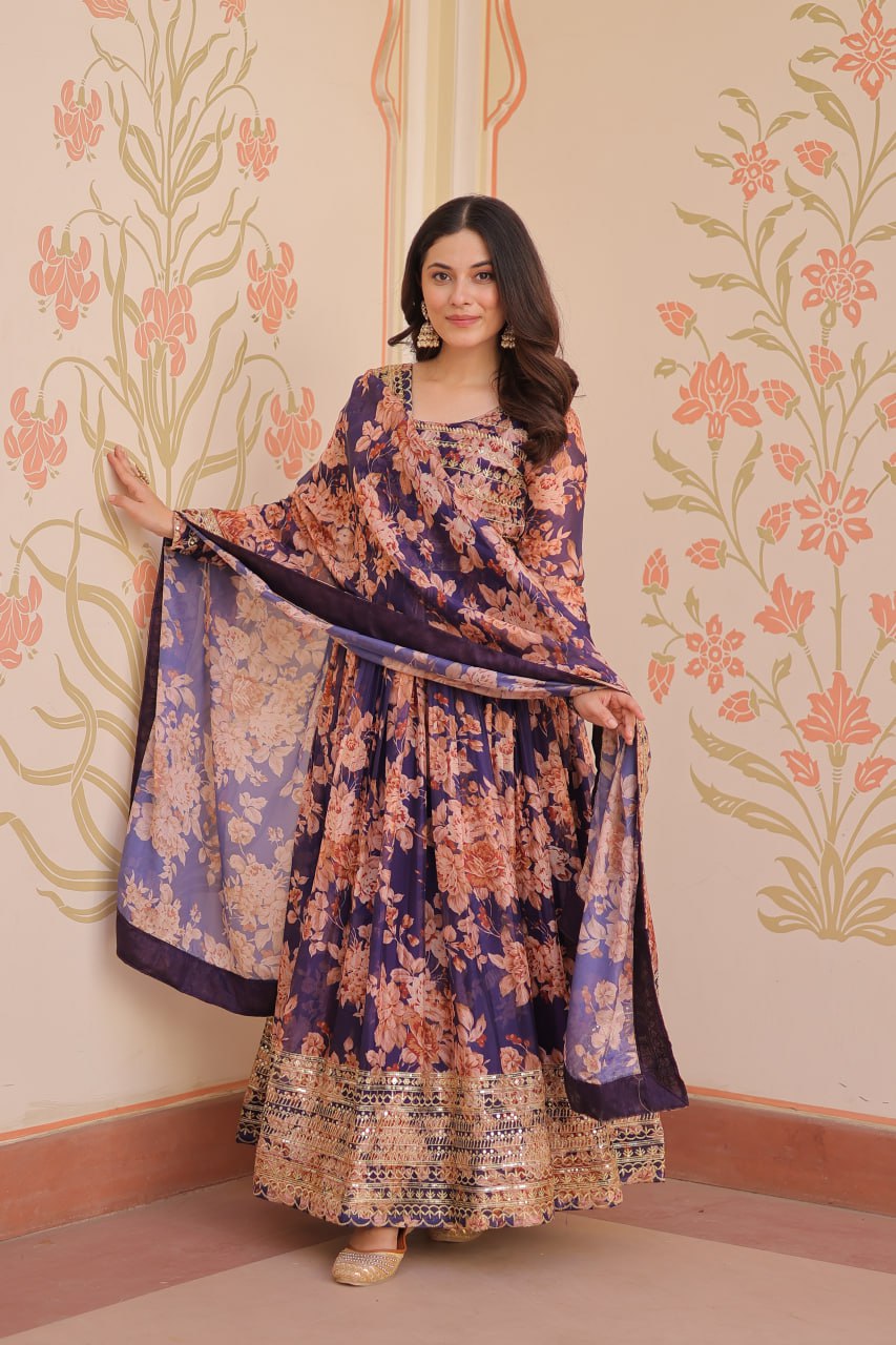 Ruhi Russian Silk Rich Digital Print With Embroidered Sequins Work Gown