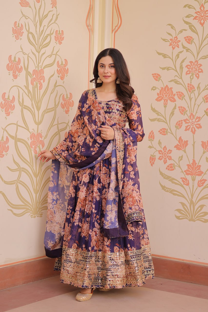 Ruhi Russian Silk Rich Digital Print With Embroidered Sequins Work Gown