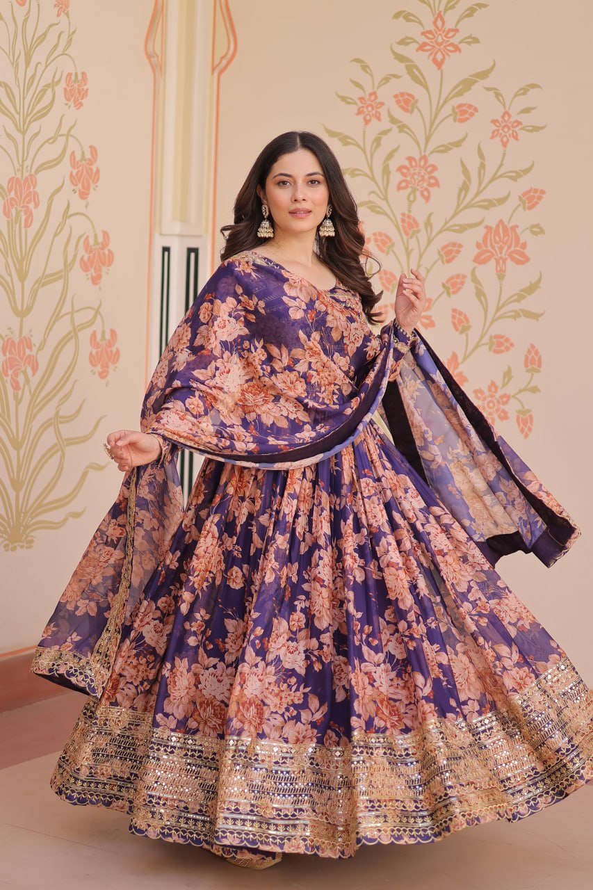 Ruhi Russian Silk Rich Digital Print With Embroidered Sequins Work Gown