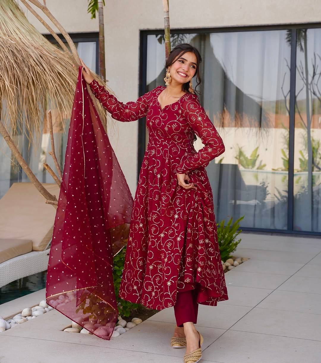 Velour Charm Anarkali Set in Maroon & Gold